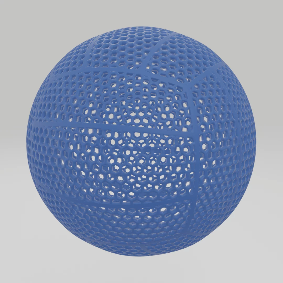 Airless volleyball concept in indigo, hex lattice with volleyball panel seams